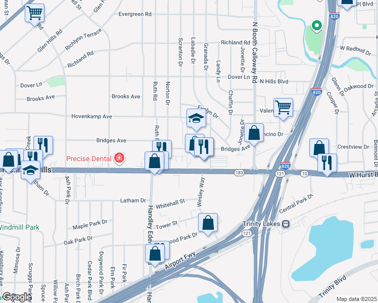 map of restaurants, bars, coffee shops, grocery stores, and more near 7424 Bridges Avenue in Richland Hills