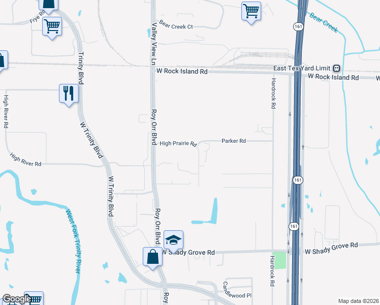 map of restaurants, bars, coffee shops, grocery stores, and more near 3409 High Prairie Road in Grand Prairie
