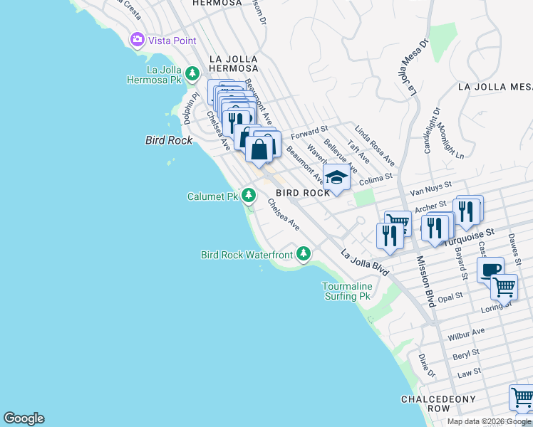 map of restaurants, bars, coffee shops, grocery stores, and more near 315 Colima Court in San Diego