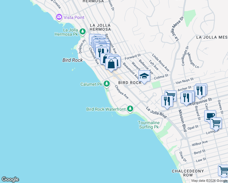 map of restaurants, bars, coffee shops, grocery stores, and more near 315 Colima Court in San Diego