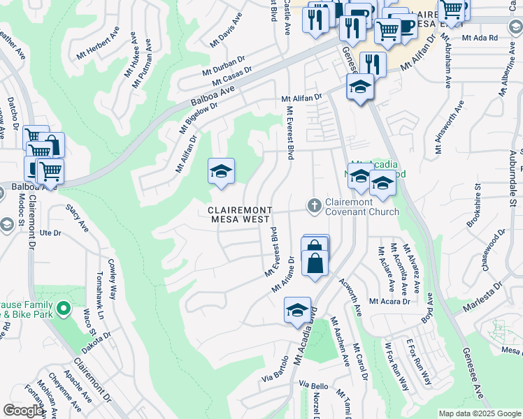 map of restaurants, bars, coffee shops, grocery stores, and more near 3838 Mount Blackburn Avenue in San Diego