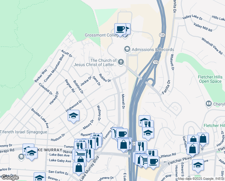map of restaurants, bars, coffee shops, grocery stores, and more near 8774 Robles Way in San Diego
