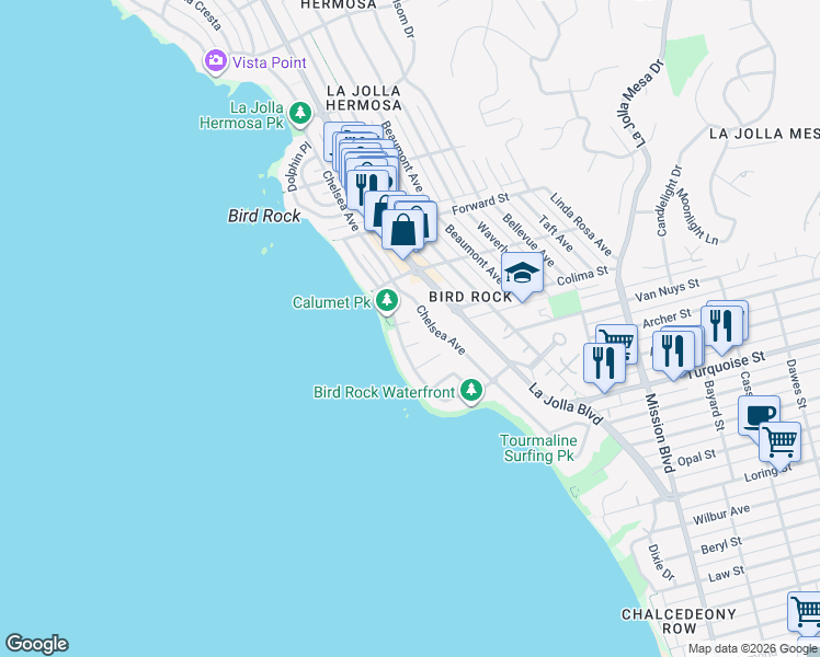 map of restaurants, bars, coffee shops, grocery stores, and more near 318 Colima Court in San Diego