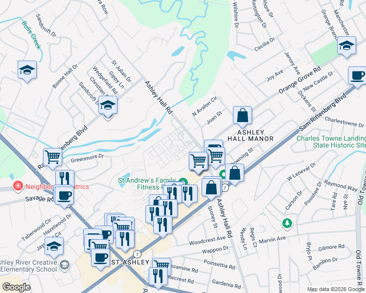 map of restaurants, bars, coffee shops, grocery stores, and more near 1718 Ashley Hall Road in Charleston