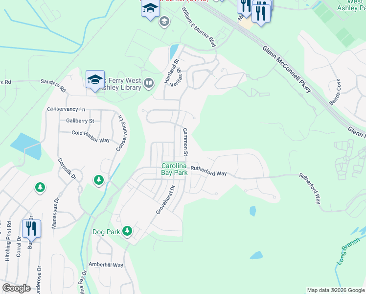 map of restaurants, bars, coffee shops, grocery stores, and more near 1952 Gammon Street in Charleston
