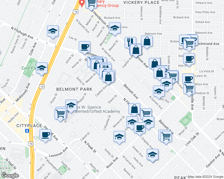 map of restaurants, bars, coffee shops, grocery stores, and more near 2306 North Fitzhugh Avenue in Dallas