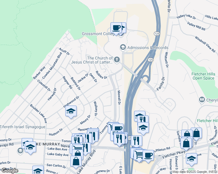 map of restaurants, bars, coffee shops, grocery stores, and more near 8774 Robles Way in San Diego