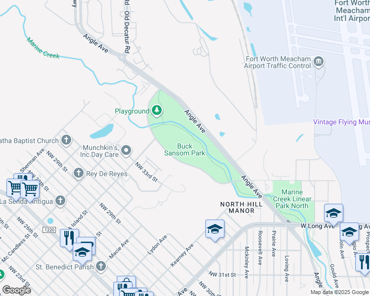 map of restaurants, bars, coffee shops, grocery stores, and more near 3600 Sansom Park Drive in Fort Worth