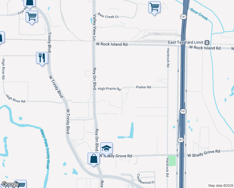 map of restaurants, bars, coffee shops, grocery stores, and more near 3409 High Prairie Road in Grand Prairie