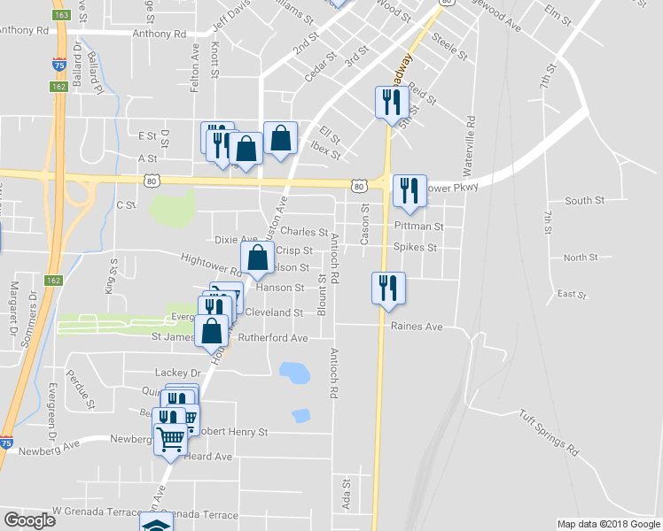 map of restaurants, bars, coffee shops, grocery stores, and more near 2743 Antioch Road in Macon