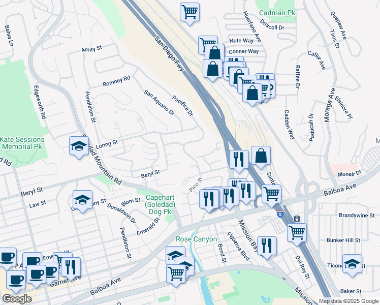 map of restaurants, bars, coffee shops, grocery stores, and more near 4909 Pacifica Drive in San Diego