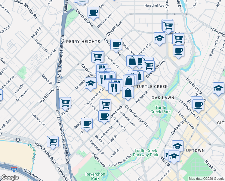 map of restaurants, bars, coffee shops, grocery stores, and more near 3908 Cedar Springs Road in Dallas