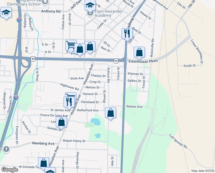 map of restaurants, bars, coffee shops, grocery stores, and more near 2743 Antioch Road in Macon