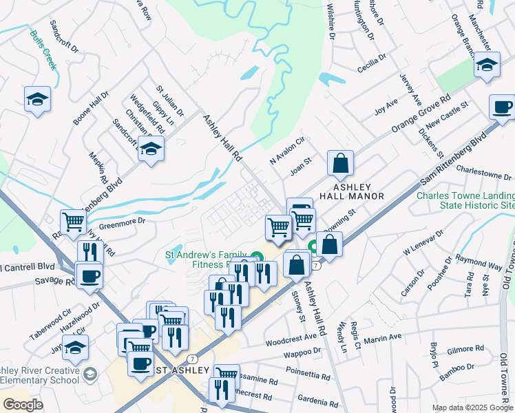 map of restaurants, bars, coffee shops, grocery stores, and more near 1735 Ashley Hall Road in Charleston