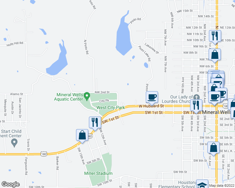 map of restaurants, bars, coffee shops, grocery stores, and more near 1452 Northwest 2nd Street in Mineral Wells