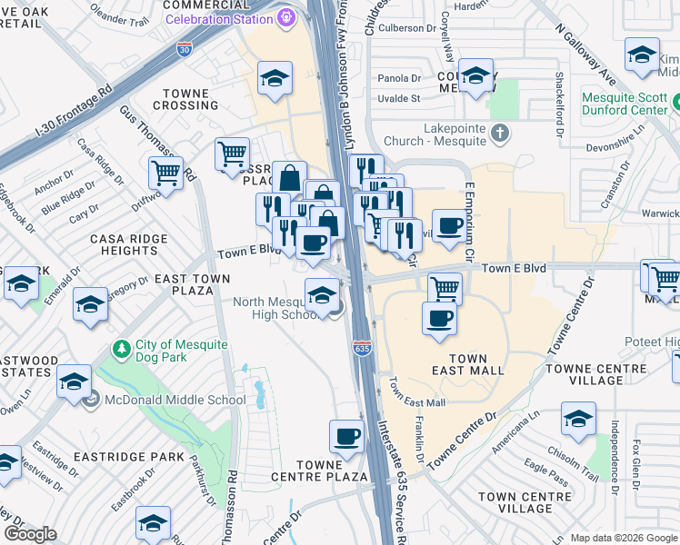map of restaurants, bars, coffee shops, grocery stores, and more near Interstate 635 Service Road in Mesquite