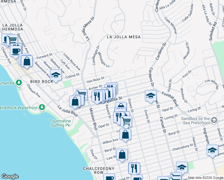 map of restaurants, bars, coffee shops, grocery stores, and more near 975 Archer Street in San Diego