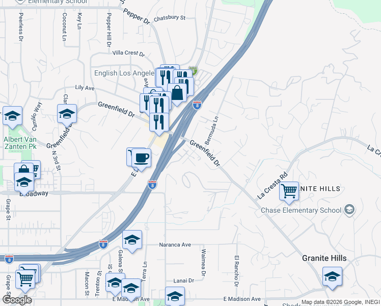 map of restaurants, bars, coffee shops, grocery stores, and more near 1138 Via Loma Vista in El Cajon
