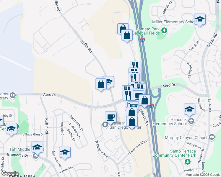 map of restaurants, bars, coffee shops, grocery stores, and more near 3706 Ruffin Road in San Diego