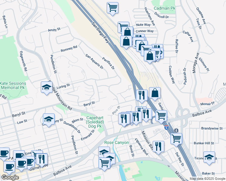 map of restaurants, bars, coffee shops, grocery stores, and more near 4909 Pacifica Drive in San Diego