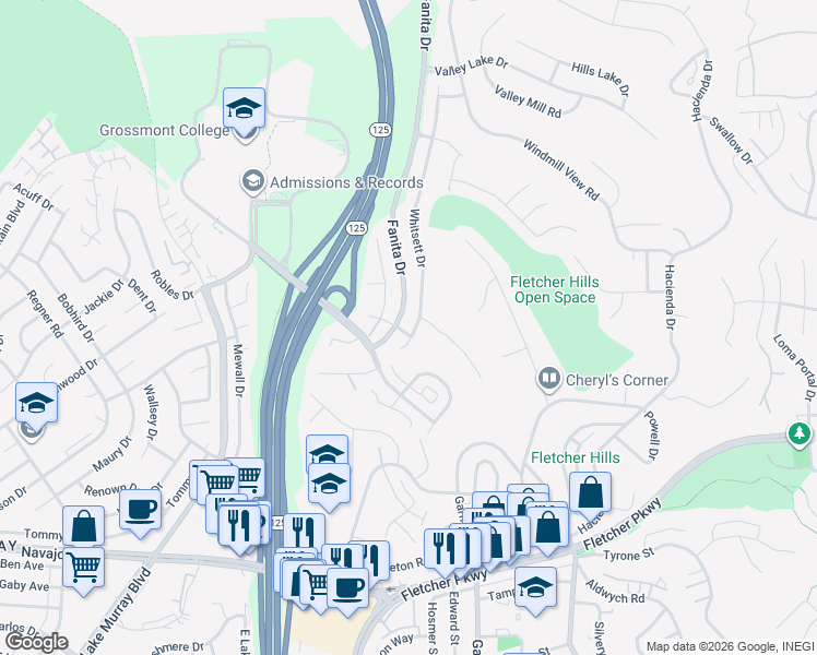 map of restaurants, bars, coffee shops, grocery stores, and more near 1198 Whitsett Drive in El Cajon