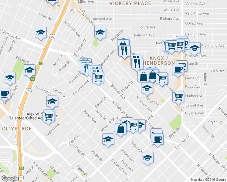 map of restaurants, bars, coffee shops, grocery stores, and more near 4977 Zuma Court in Dallas