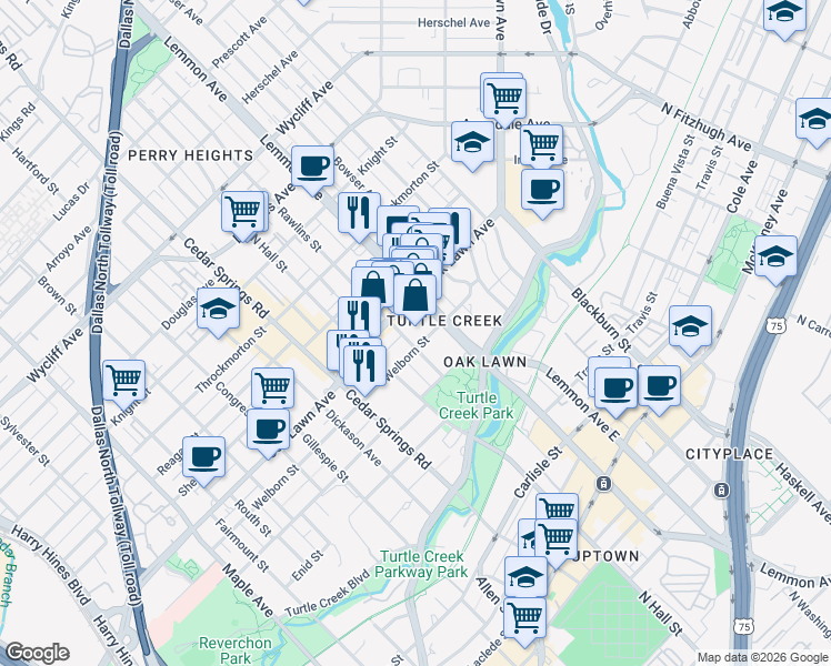 map of restaurants, bars, coffee shops, grocery stores, and more near 3707 Lemmon Avenue in Dallas
