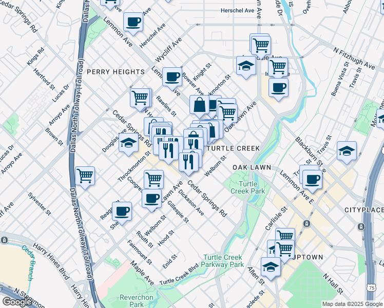 map of restaurants, bars, coffee shops, grocery stores, and more near 3818 North Hall Street in Dallas