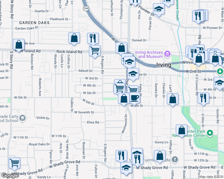 map of restaurants, bars, coffee shops, grocery stores, and more near 1437 Keeler Drive in Irving