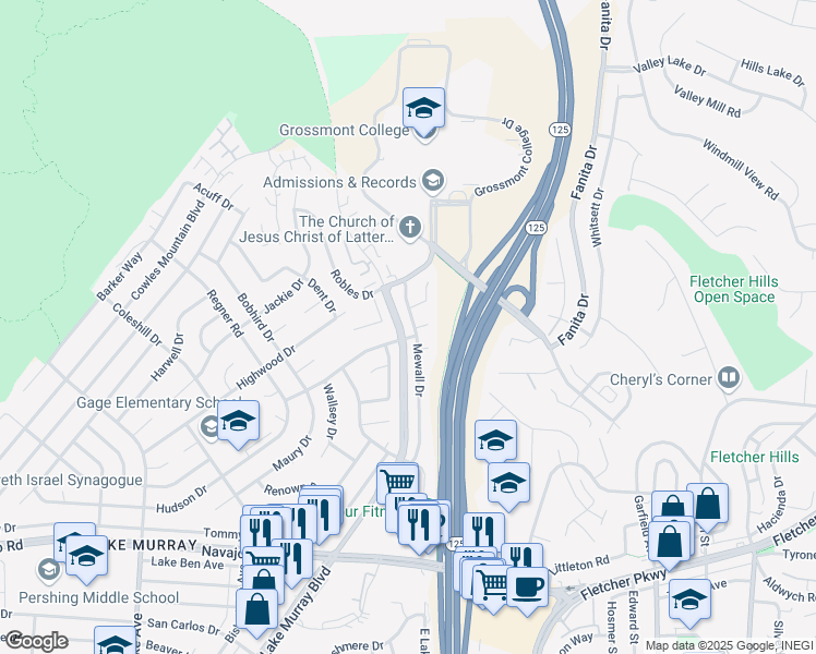 map of restaurants, bars, coffee shops, grocery stores, and more near 7046 Mewall Drive in San Diego