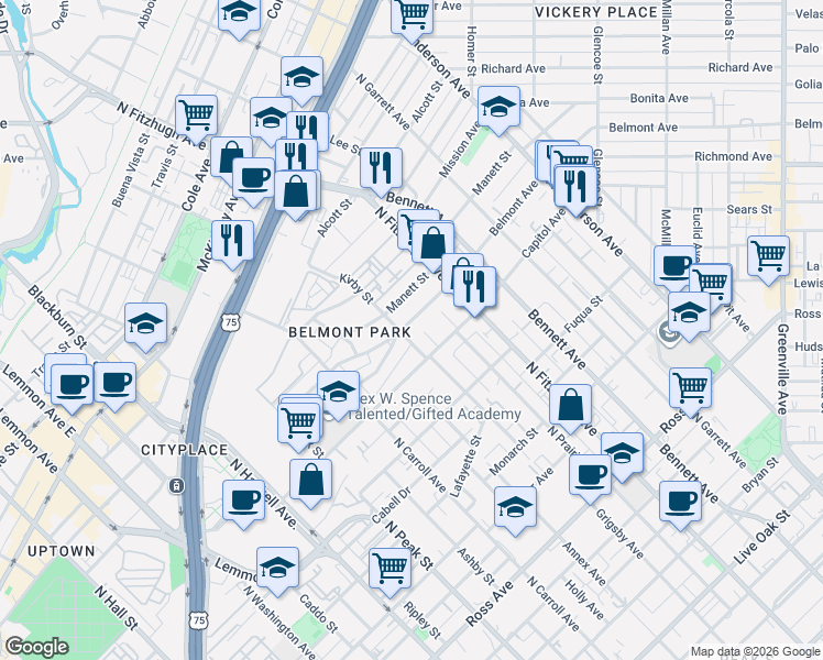 map of restaurants, bars, coffee shops, grocery stores, and more near 4721 Belmont Avenue in Dallas