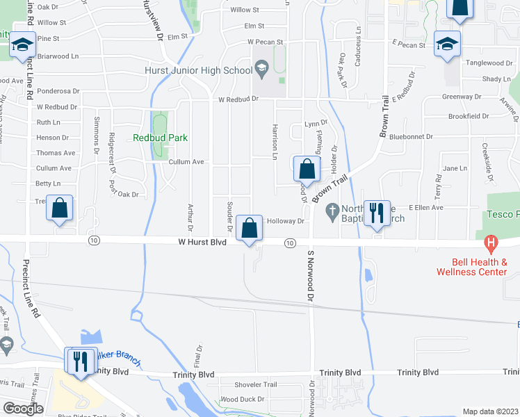 map of restaurants, bars, coffee shops, grocery stores, and more near 122 Harmon Road in Fort Worth