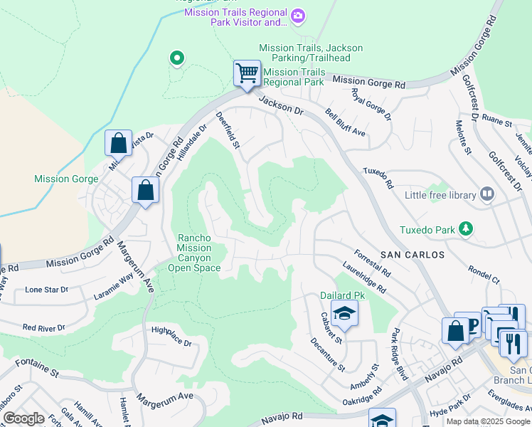 map of restaurants, bars, coffee shops, grocery stores, and more near 7837 Deerfield Street in San Diego