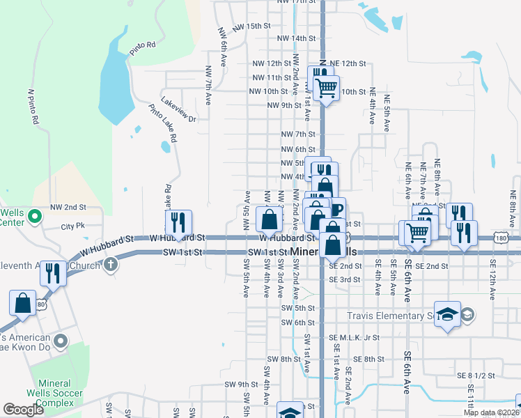 map of restaurants, bars, coffee shops, grocery stores, and more near 211 Northwest 4th Avenue in Mineral Wells