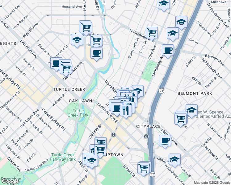 map of restaurants, bars, coffee shops, grocery stores, and more near 3369 Blackburn Street in Dallas