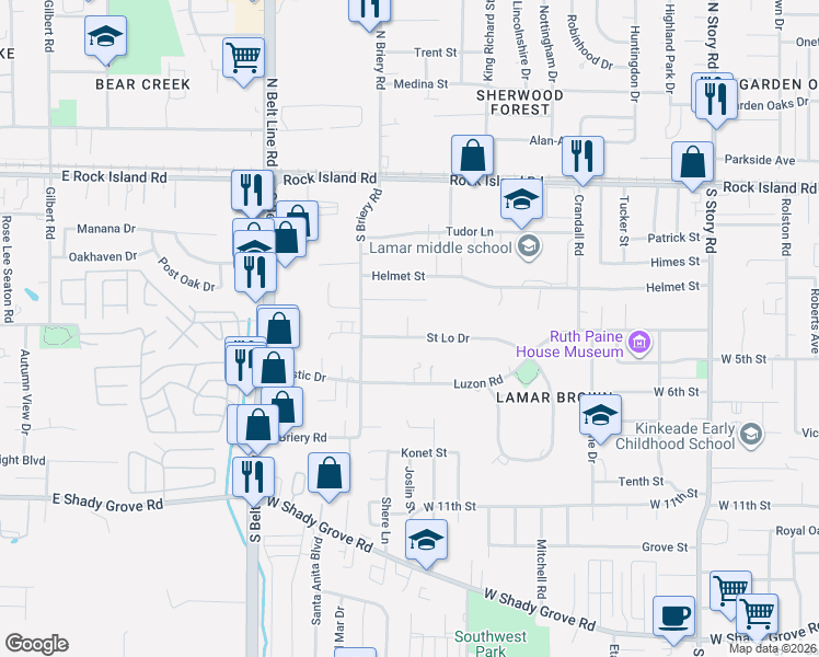 map of restaurants, bars, coffee shops, grocery stores, and more near 3139 Saint Lo Drive in Irving