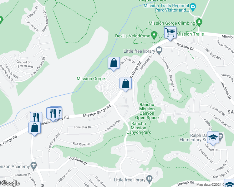 map of restaurants, bars, coffee shops, grocery stores, and more near 3564 Mission Mesa Way in San Diego