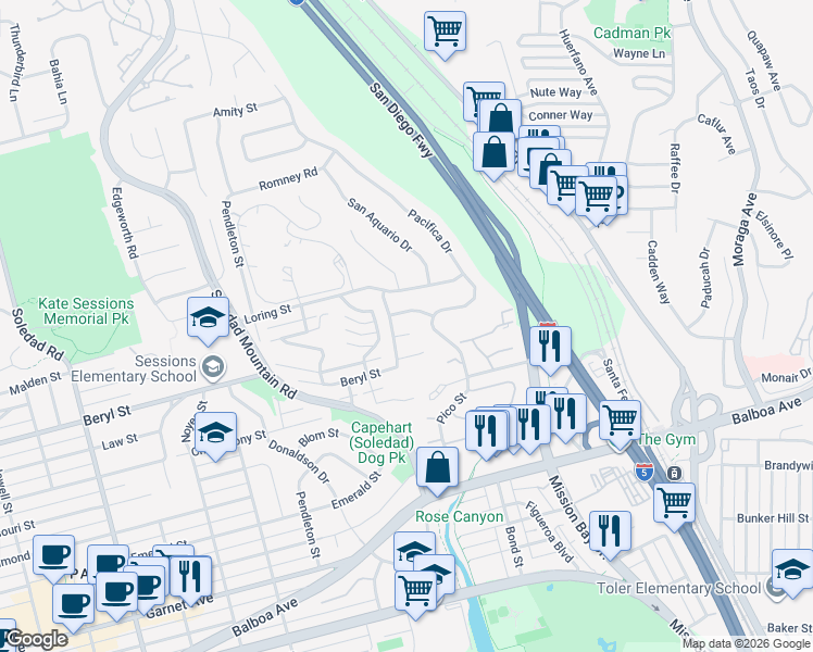 map of restaurants, bars, coffee shops, grocery stores, and more near 2507 San Anselmo Street in San Diego