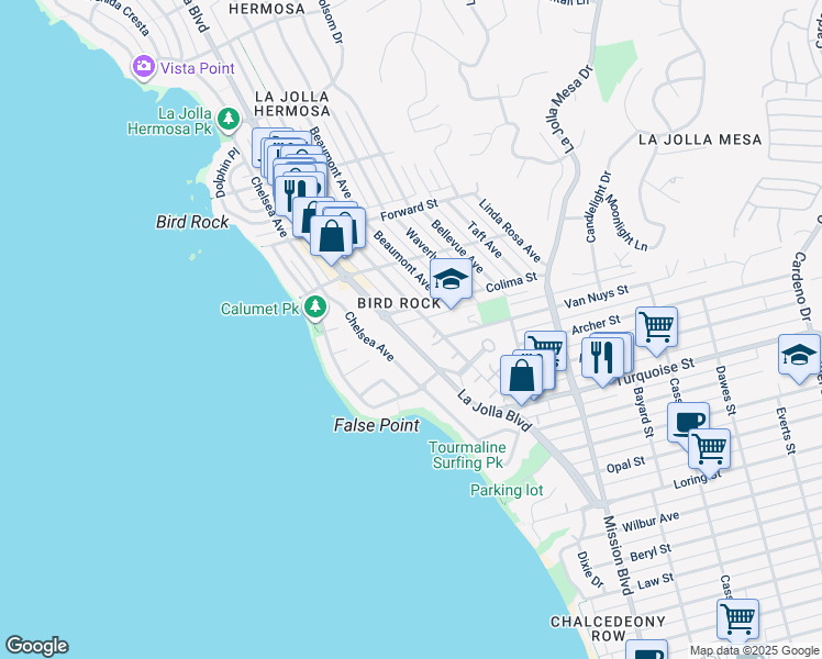 map of restaurants, bars, coffee shops, grocery stores, and more near 5367 La Jolla Boulevard in San Diego