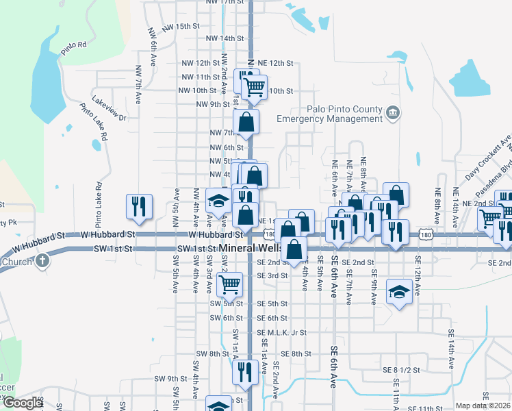 map of restaurants, bars, coffee shops, grocery stores, and more near 201 Northeast 2nd Street in Mineral Wells