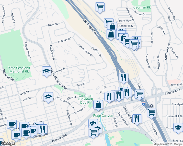 map of restaurants, bars, coffee shops, grocery stores, and more near 2526 Aster Street in San Diego