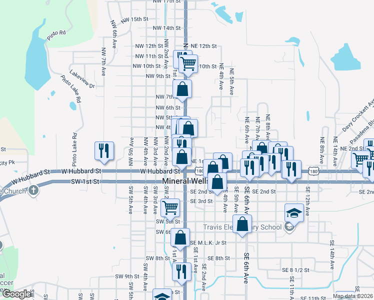 map of restaurants, bars, coffee shops, grocery stores, and more near 301 North Oak Avenue in Mineral Wells