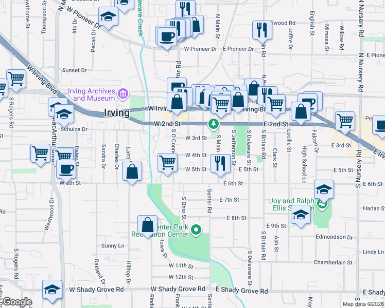 map of restaurants, bars, coffee shops, grocery stores, and more near 303 South Hastings Street in Irving