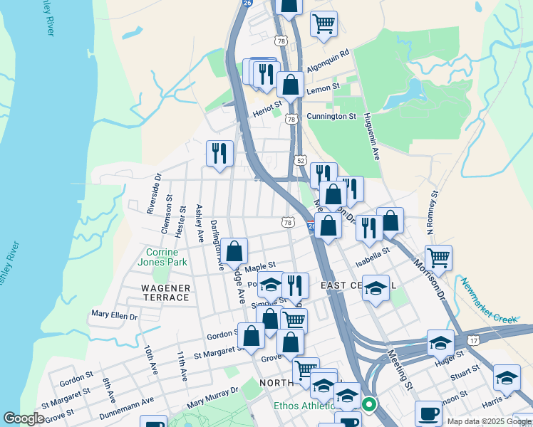 map of restaurants, bars, coffee shops, grocery stores, and more near 64 Sans Souci Street in Charleston