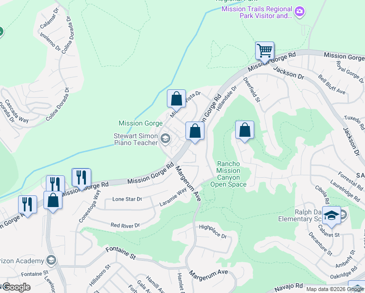 map of restaurants, bars, coffee shops, grocery stores, and more near 3558 Mission Mesa Way in San Diego