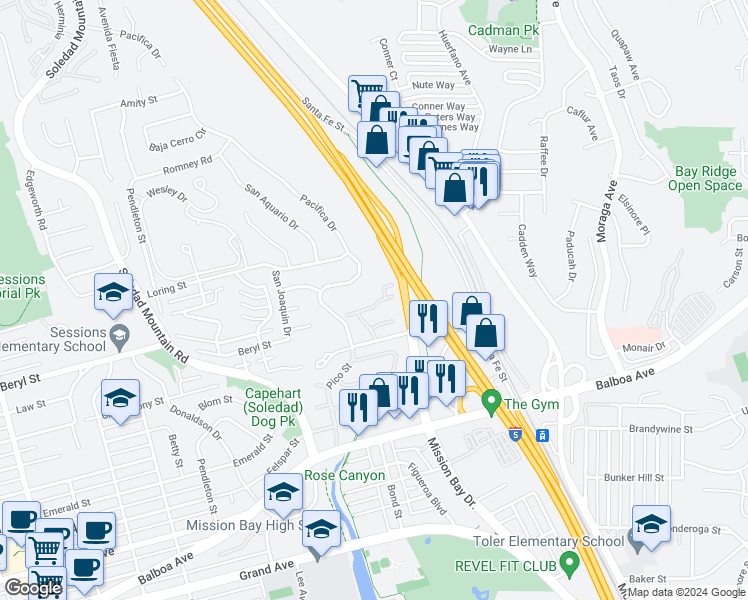 map of restaurants, bars, coffee shops, grocery stores, and more near 4957 Pacifica Drive in San Diego