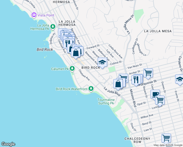 map of restaurants, bars, coffee shops, grocery stores, and more near in San Diego