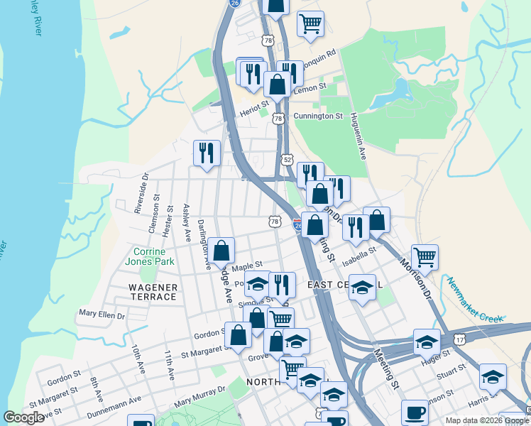 map of restaurants, bars, coffee shops, grocery stores, and more near 1190 King Street in Charleston