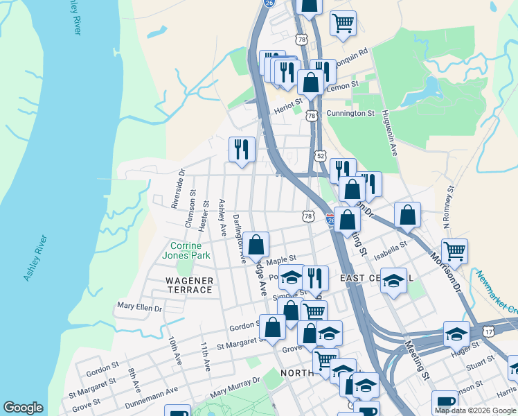 map of restaurants, bars, coffee shops, grocery stores, and more near 85 Magnolia Avenue in Charleston