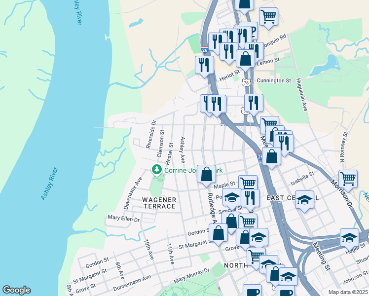 map of restaurants, bars, coffee shops, grocery stores, and more near 131 Darlington Avenue in Charleston
